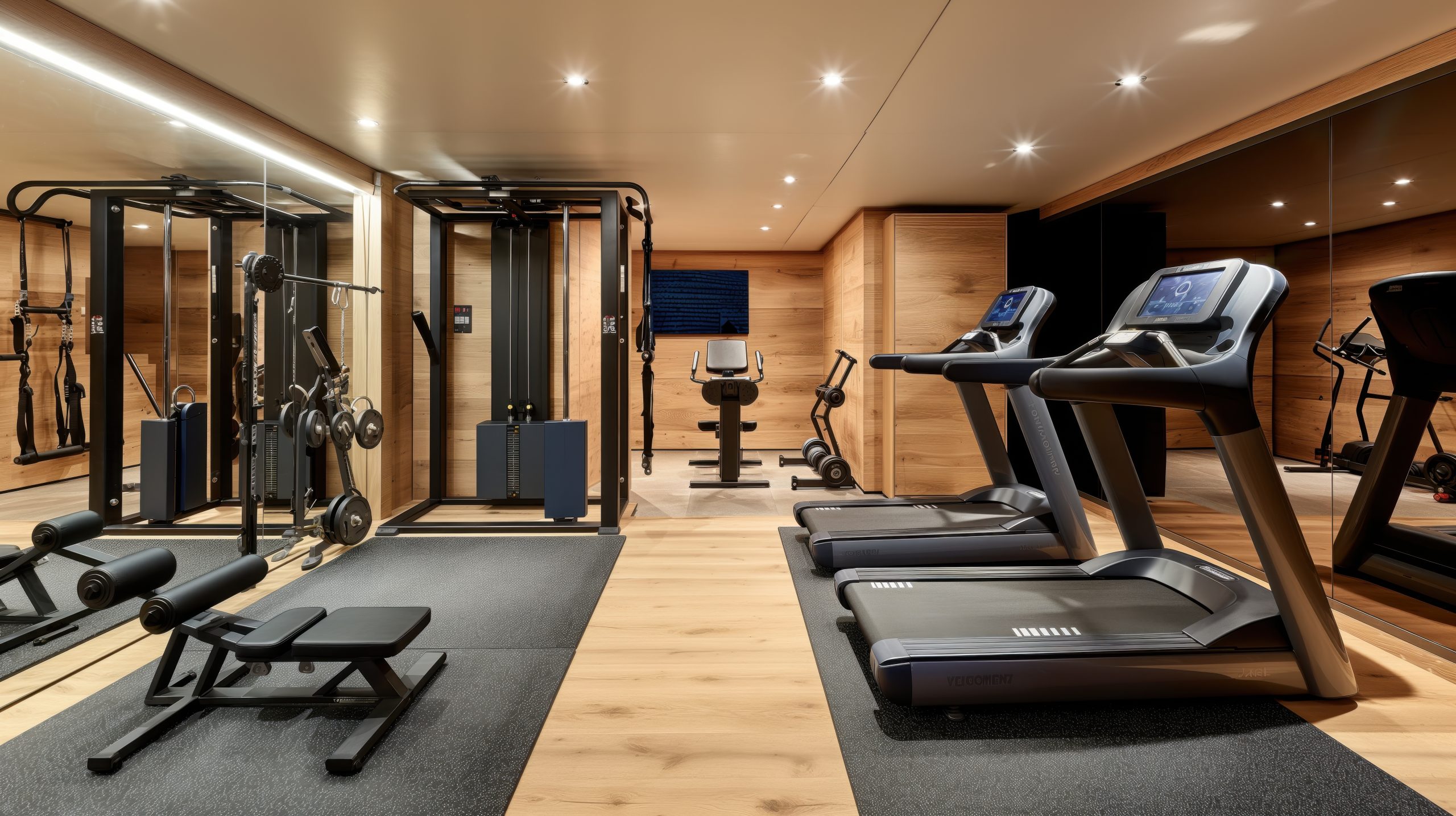 Modern home gym with equipment including treadmills, weight machines, exercise bike, and workout bench in a sleek, wood-paneled room.