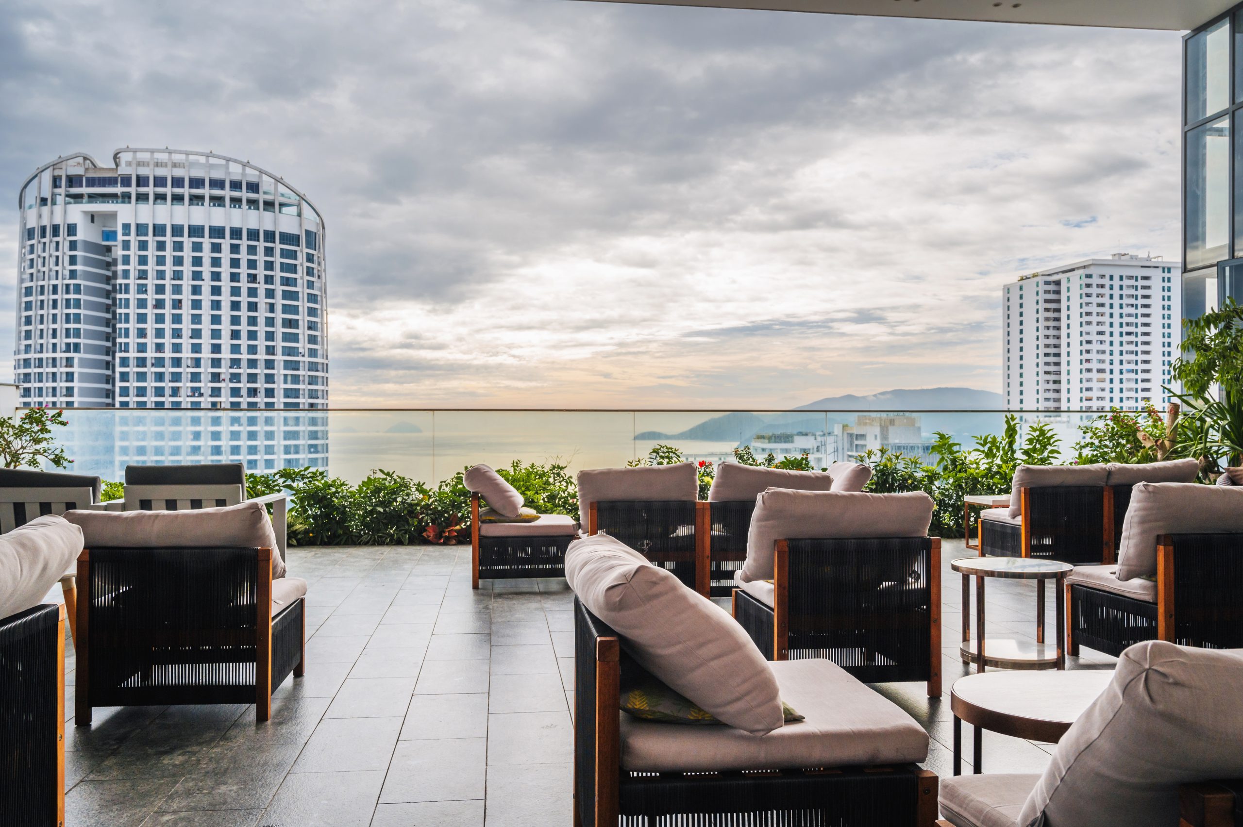 interior of luxury bar restaurant on roof of a skyscraper hotel with sea views